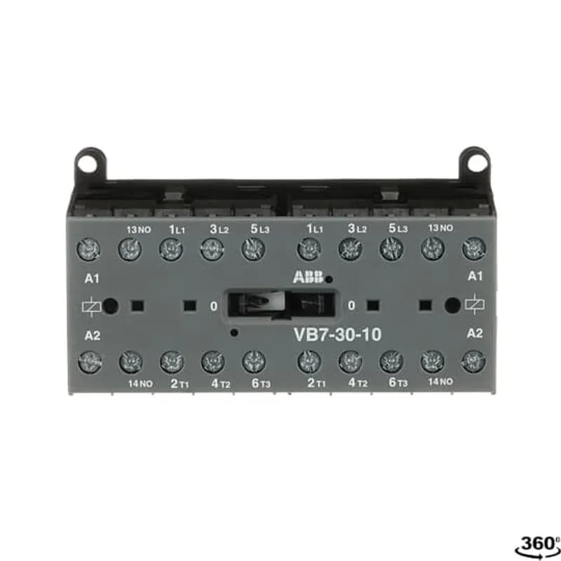ABB - Electrification VB7-30-10-02 - The VB7-30-10 mini reversing contactor is a compact 3 pole contactor with 1 auxiliary contact, screw terminals and normal mechanical interlock. They are ideally suited for applications where reliability is a must and space is at a premium. Mini reversing contactors are used in residential buldings, commercial buildings and industrial applications for the control of three-phase motor loads up to 5.5 kW (AC-3). Further features are the silent coil, a switch position indication and the integrated possibility for rail or wall mounting.