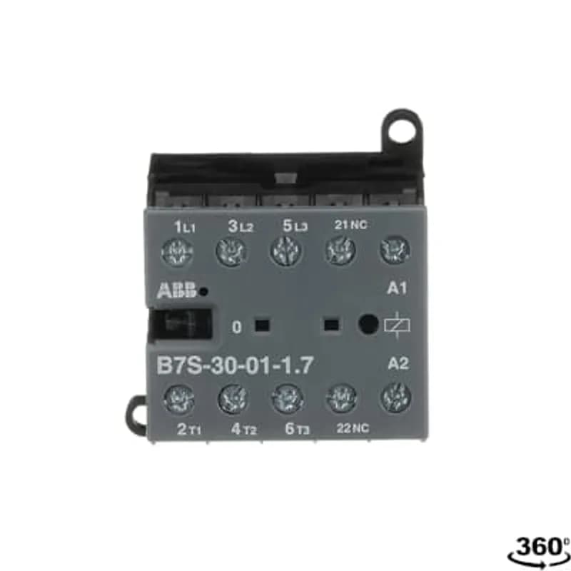 ABB - Electrification B7S-30-01-1.7 - The B7S-30-01 mini contactor is a compact 3 pole contactor with 1 auxiliary contact and screw terminals. They are ideally suited for applications where reliability is a must and space is at a premium. Mini contactors are used in residential buldings, commercial buildings and industrial applications for the control of single or three-phase loads up to 5.5 kW (AC-3) and 20 A / 690 V (AC-1) or switching of control signals. Due to the low coil consumption, this device can be directly controlled by a PLC. Further features are the noiseless and hum-free coil, the integrated protective circuit with diodes and additional overvoltage protection, a switch position indication and the integrated possibility for rail or wall mounting. Auxiliary contacts,