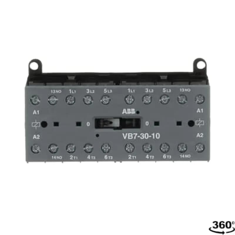 The VB7-30-10 mini reversing contactor is a compact 3 pole contactor with 1 auxiliary contact, screw terminals and normal mechanical interlock. They are ideally suited for applications where reliability is a must and space is at a premium. Mini reversing contactors are used in residential buldings, commercial buildings and industrial applications for the control of three-phase motor loads up to 5.5 kW (AC-3). Further features are the silent coil, a switch position indication and the integrated possibility for rail or wall mounting.