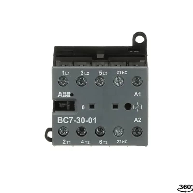 The BC7-30-01 mini contactor is a compact 3 pole contactor with 1 auxiliary contact and screw terminals. They are ideally suited for applications where reliability is a must and space is at a premium. Mini contactors are used in residential buldings, commercial buildings and industrial applications for the control of single or three-phase loads up to 5.5 kW (AC-3) and 20 A / 690 V (AC-1) or switching of control signals. Further features are the noiseless and hum-free coil, a switch position indication and the integrated possibility for rail or wall mounting.