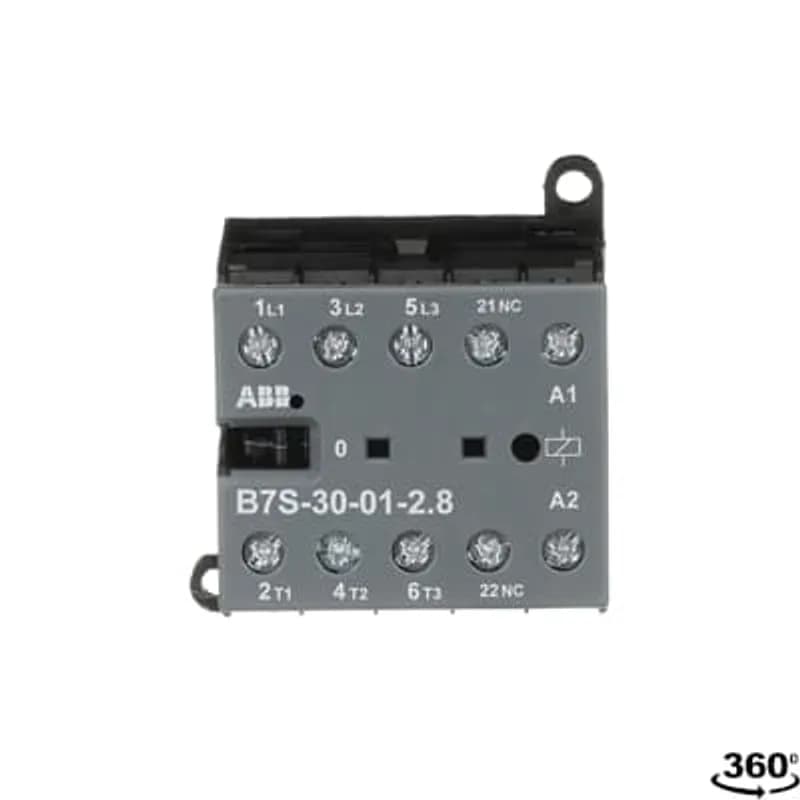 The B7S-30-01 mini contactor is a compact 3 pole contactor with 1 auxiliary contact and screw terminals. They are ideally suited for applications where reliability is a must and space is at a premium. Mini contactors are used in residential buldings, commercial buildings and industrial applications for the control of single or three-phase loads up to 5.5 kW (AC-3) and 20 A / 690 V (AC-1) or switching of control signals. Due to the low coil consumption, this device can be directly controlled by a PLC. Further features are the noiseless and hum-free coil, the integrated protective circuit with diodes and additional overvoltage protection, a switch position indication and the integrated possibility for rail or wall mounting. Auxiliary contacts,