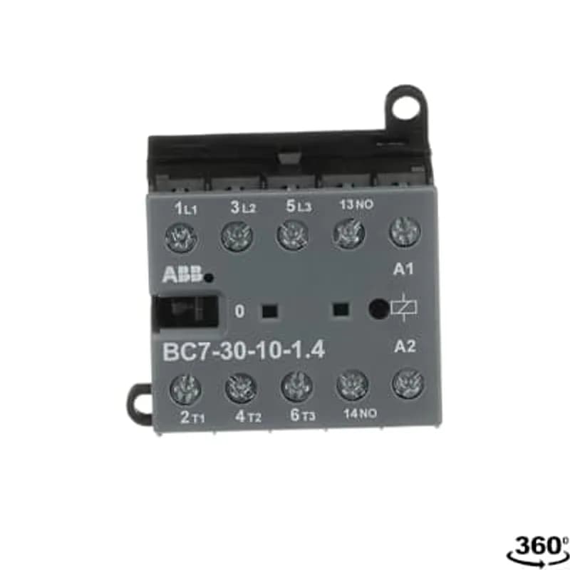 ABB - Electrification BC7-30-10-1.4 - The BC7-30-10 mini contactor is a compact 3 pole contactor with 1 auxiliary contact and screw terminals. They are ideally suited for applications where reliability is a must and space is at a premium. Mini contactors are used in residential buldings, commercial buildings and industrial applications for the control of single or three-phase loads up to 5.5 kW (AC-3) and 20 A / 690 V (AC-1) or switching of control signals. Due to the low coil consumption, this device can be directly controlled by a PLC. Further features are the noiseless and hum-free coil, a switch position indication and the integrated possibility for rail or wall mounting.