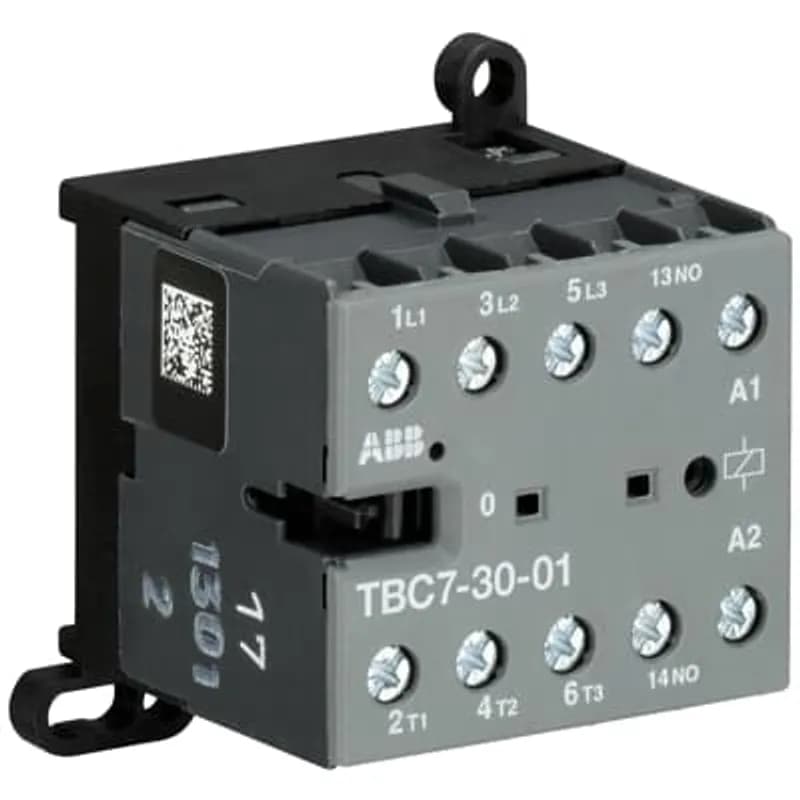 The TBC7-30-01 mini contactor is a compact 3 pole contactor with 1 auxiliary contact and screw terminals. They are ideally suited for applications where reliability is a must and space is at a premium. Mini contactors are used in residential buldings, commercial buildings and industrial applications for the control of single or three-phase loads up to 5.5 kW (AC-3) and 20 A / 690 V (AC-1) or switching of control signals. Further features are the noiseless and hum-free coil, a switch position indication and the integrated possibility for rail or wall mounting.