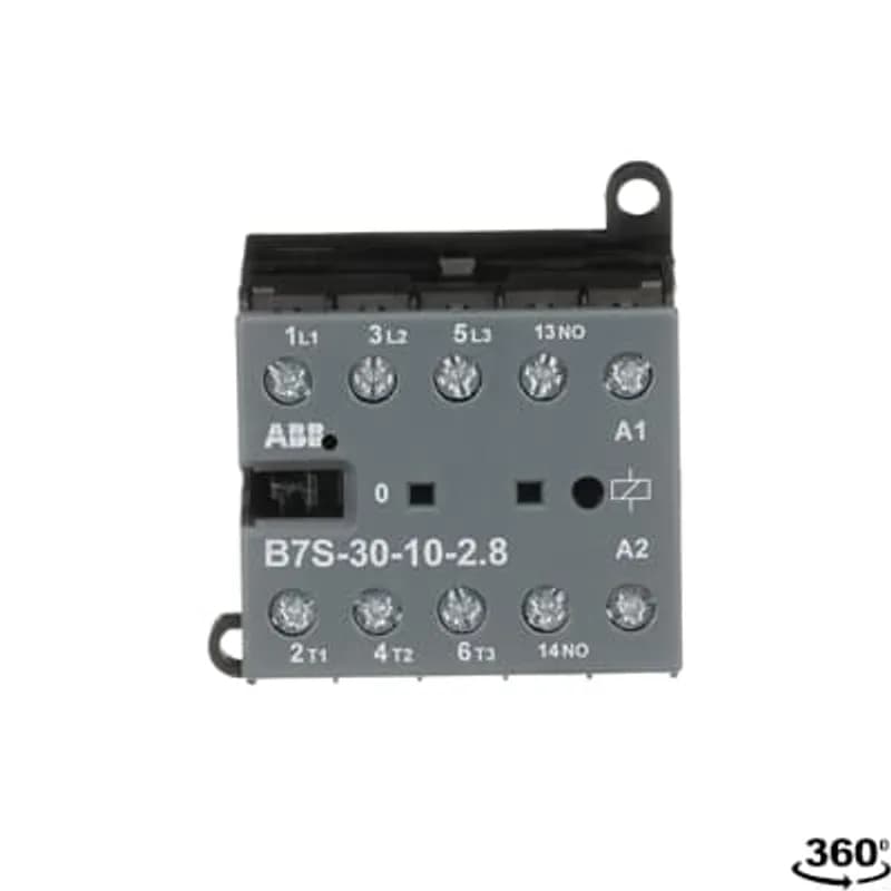 ABB - Electrification B7S-30-10-2.8 - The B7S-30-10 mini contactor is a compact 3 pole contactor with 1 auxiliary contact and screw terminals. They are ideally suited for applications where reliability is a must and space is at a premium. Mini contactors are used in residential buldings, commercial buildings and industrial applications for the control of single or three-phase loads up to 5.5 kW (AC-3) and 20 A / 690 V (AC-1) or switching of control signals. Due to the low coil consumption, this device can be directly controlled by a PLC. Further features are the noiseless and hum-free coil, the integrated protective circuit with diodes and additional overvoltage protection, a switch position indication and the integrated possibility for rail or wall mounting. Auxiliary contacts,