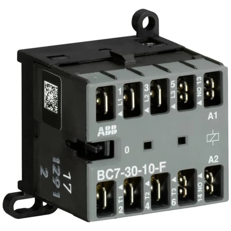 ABB - Electrification BC7-30-10-F-05 - The BC7-30-10-F mini contactor is a compact 3 pole contactor with 1 auxiliary contact and flat pin connection. They are ideally suited for applications where reliability is a must and space is at a premium. Mini contactors are used in residential buldings, commercial buildings and industrial applications for the control of single or three-phase loads up to 5.5 kW (AC-3) and 20 A / 690 V (AC-1) or switching of control signals. Further features are the noiseless and hum-free coil, a switch position indication and the integrated possibility for rail or wall mounting.