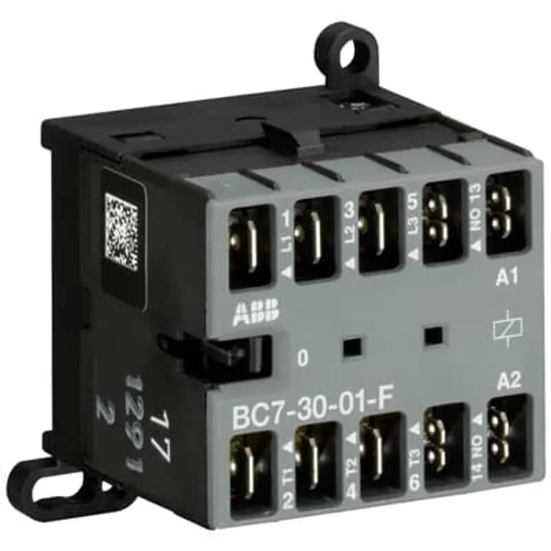 The BC7-30-01-F mini contactor is a compact 3 pole contactor with 1 auxiliary contact and flat pin connector. They are ideally suited for applications where reliability is a must and space is at a premium. Mini contactors are used in residential buldings, commercial buildings and industrial applications for the control of single or three-phase loads up to 5.5 kW (AC-3) and 20 A / 690 V (AC-1) or switching of control signals. Due to the low coil consumption, this device can be directly controlled by a PLC. Further features are the noiseless and hum-free coil, a switch position indication and the integrated possibility for rail or wall mounting.