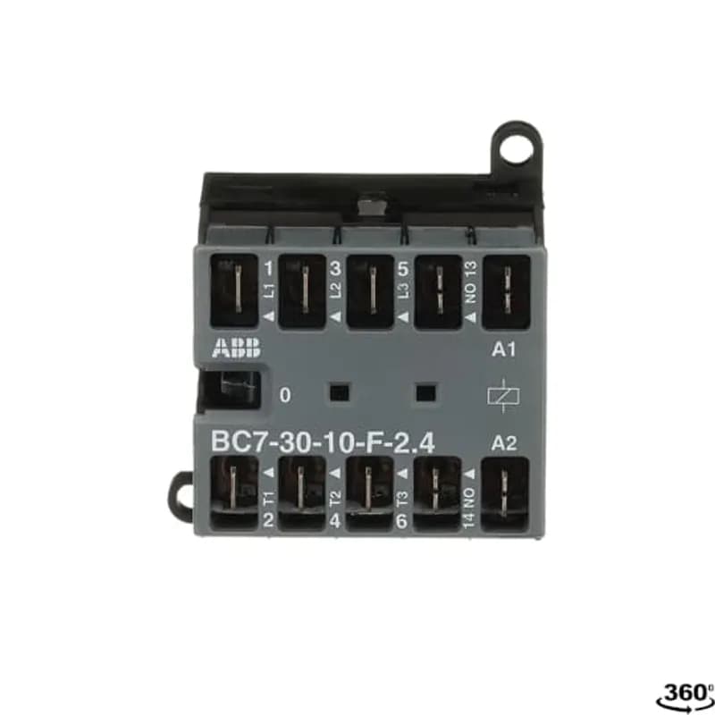 ABB - Electrification BC7-30-10-F-2.4 - The BC7-30-10-F mini contactor is a compact 3 pole contactor with 1 auxiliary contact and flat pin connector. They are ideally suited for applications where reliability is a must and space is at a premium. Mini contactors are used in residential buldings, commercial buildings and industrial applications for the control of single or three-phase loads up to 5.5 kW (AC-3) and 20 A / 690 V (AC-1) or switching of control signals. Due to the low coil consumption, this device can be directly controlled by a PLC. Further features are the noiseless and hum-free coil, a switch position indication and the integrated possibility for rail or wall mounting.