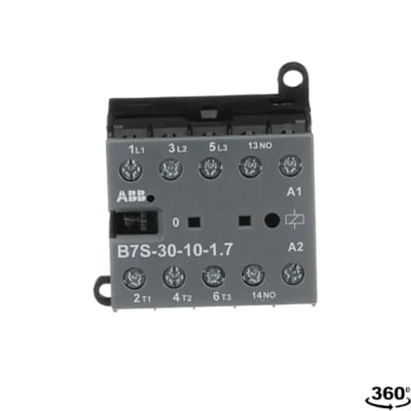 ABB - Electrification B7S-30-10-1.7 - The B7S-30-10 mini contactor is a compact 3 pole contactor with 1 auxiliary contact and screw terminals. They are ideally suited for applications where reliability is a must and space is at a premium. Mini contactors are used in residential buldings, commercial buildings and industrial applications for the control of single or three-phase loads up to 5.5 kW (AC-3) and 20 A / 690 V (AC-1) or switching of control signals. Due to the low coil consumption, this device can be directly controlled by a PLC. Further features are the noiseless and hum-free coil, the integrated protective circuit with diodes and additional overvoltage protection, a switch position indication and the integrated possibility for rail or wall mounting. Auxiliary contacts,