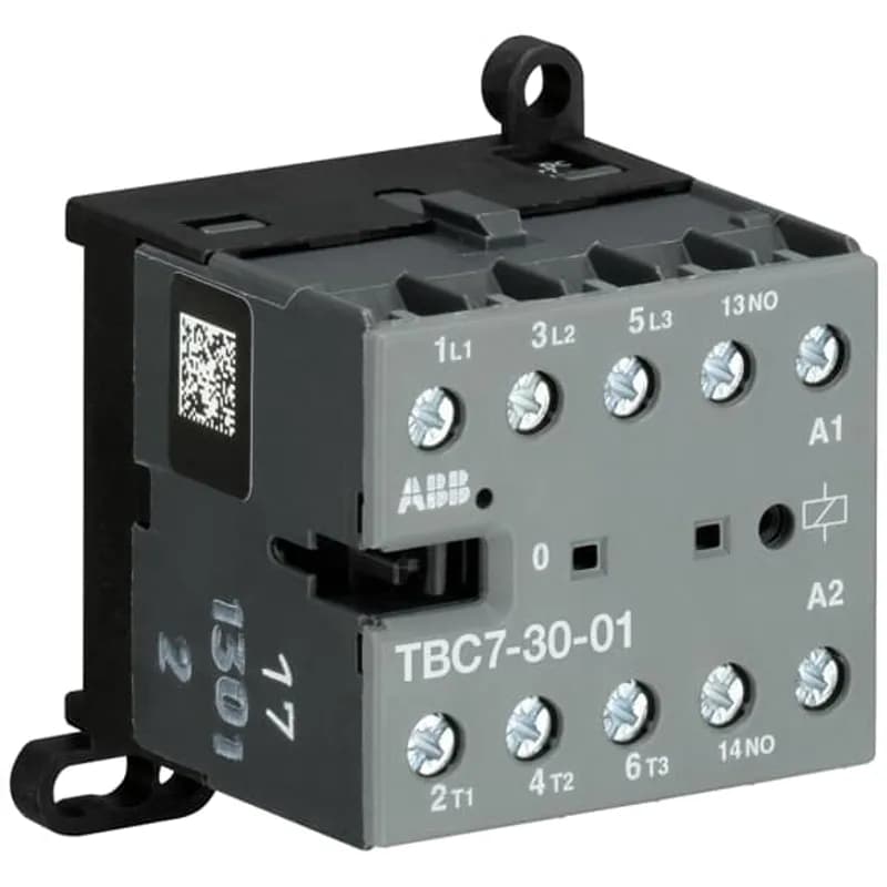 The TBC7-30-01 mini contactor is a compact 3 pole contactor with 1 auxiliary contact and screw terminals. They are ideally suited for applications where reliability is a must and space is at a premium. Mini contactors are used in residential buldings, commercial buildings and industrial applications for the control of single or three-phase loads up to 5.5 kW (AC-3) and 20 A / 690 V (AC-1) or switching of control signals. Further features are the noiseless and hum-free coil, a switch position indication and the integrated possibility for rail or wall mounting.