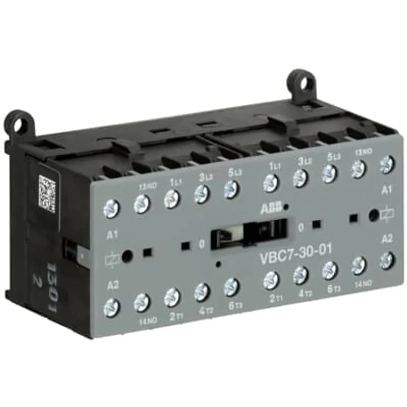 The VBC7-30-01 mini reversing contactor is a compact 3 pole contactor with 1 auxiliary contact, screw terminals and normal mechanical interlock. They are ideally suited for applications where reliability is a must and space is at a premium. Mini reversing contactors are used in residential buldings, commercial buildings and industrial applications for the control of three-phase motor loads up to 5.5 kW (AC-3). Further features are the noiseless and hum-free coil, a switch position indication and the integrated possibility for rail or wall mounting.