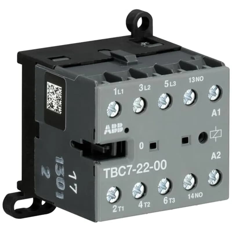 The TBC7-22-00 mini contactor is a compact 4 pole contactor with screw terminals. They are ideally suited for applications where reliability is a must and space is at a premium. Mini contactors are used in residential buldings, commercial buildings and industrial applications for the control of single or three-phase loads up to 5.5 kW (AC-3) and 20 A / 690 V (AC-1) or switching of control signals. Further features are the noiseless and hum-free coil, a switch position indication and the integrated possibility for rail or wall mounting.