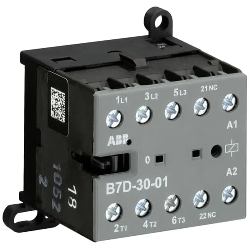 The B7D-30-01 mini contactor is a compact 3 pole contactor with 1 auxiliary contact and screw terminals. They are ideally suited for applications where reliability is a must and space is at a premium. Mini contactors are used in residential buldings, commercial buildings and industrial applications for the control of single or three-phase loads up to 5.5 kW (AC-3) and 20 A / 690 V (AC-1) or switching of control signals. The mini contactor has a build-in surge suppressor diode. Further features are the noiseless and hum-free coil, the integrated overvoltage protection, a switch position indication and the integrated possibility for rail or wall mounting.