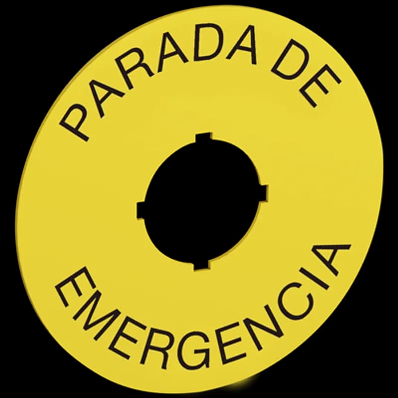 70 mm diameter legend plate for emergency stop. Black text on yellow aluminum with text: PARADA DE EMERGENCIA