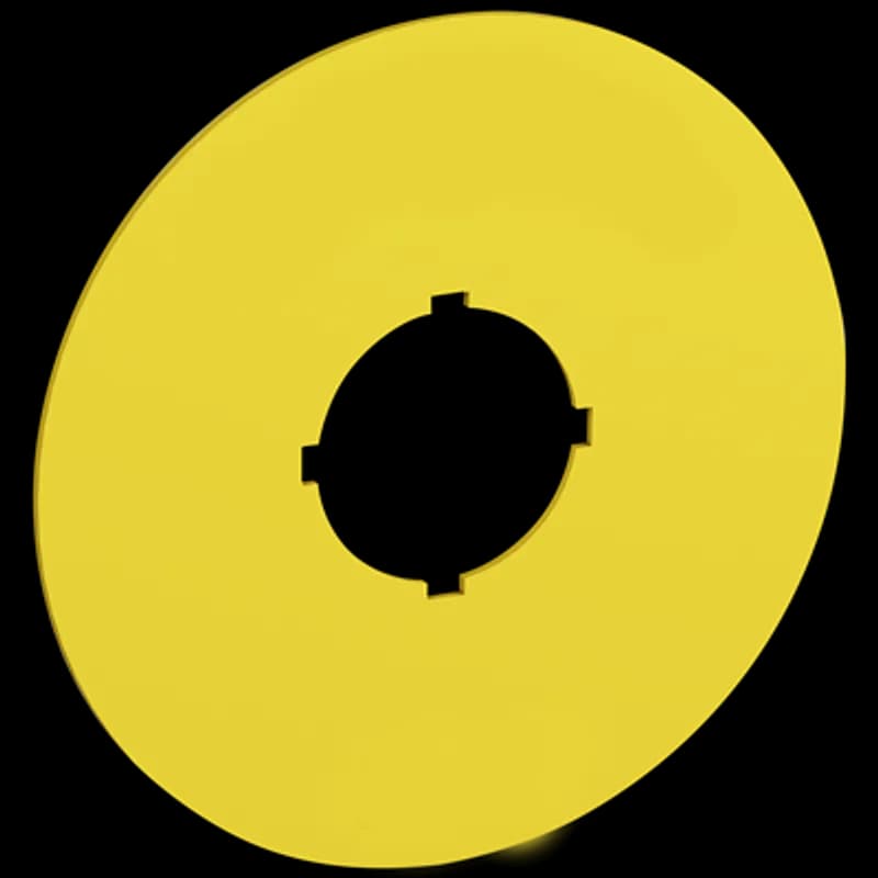 70 mm diameter legend plate for emergency stop. Black text on yellow aluminum with text: