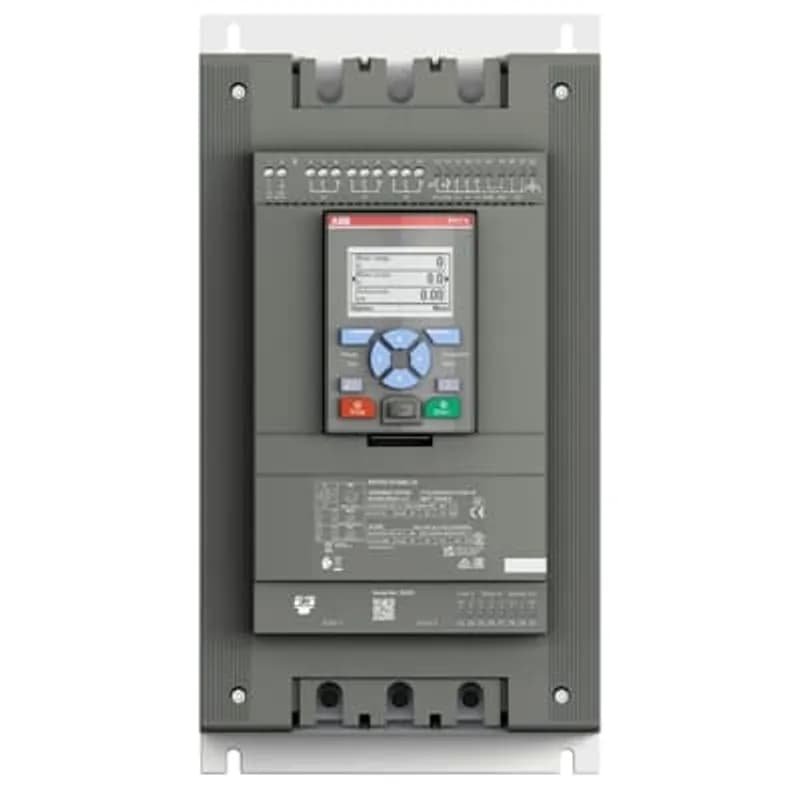 The softstarter PSTX170-690-70 has a rated maximum operational current of 170 A with an operating voltage span from 208...690 V AC. The rated control voltage is between 100...250 V AC at 50/60 Hz. PSTX features a three-phase control soft start and stop through a voltage or a torque ramp. It has built-in bypass for easy installation and energy saving. A RUN, TOR and Event signal is available from relay outputs in NO (normally open state). The PSTX has functions such as current limit, kickstart, analog output, EOL, motor heating and pump cleaning. PSTX also features features jog, braking, stand-still brake, diagnostics, sequence start and emergency/fire pump mode as standard.To interact with PSTX, it has a detachable full graphic display with IP66 and 4x outdoor rating. There are four ways to communicate with PSTX. It can be done by hardwire inputs Start/Stop/Reset of fault, and by three programmable digital inputs. Another popular option is the built-in Fieldbus communication Modbus RTU and incl optional ANYBUS modules with every major protocol such as for example Profinet, Profibus, Modbus TCP, Ethernet IP and others. Another way to communicate with PSTX is to use an external adaptor and a Fieldbus plug. PSTX is the complete alternative for any motor starting application. It’s suitable for medium to large-sized three-phase motors with nominal currents from 30...1250 A inline connection or 52...2160 A inside delta connection. Typical applications are, for example, pumps, fans, compressors, and conveyors.