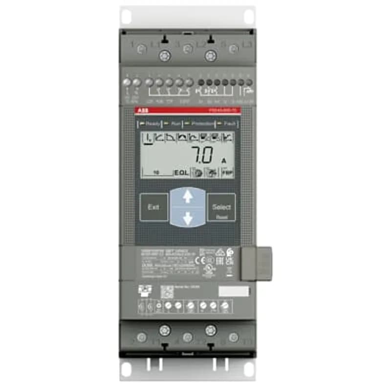 The softstarter PSE45-600-70 has a rated maximum operational current of 45 A with an operating voltage span from 208...600 V AC. The rated control voltage is between 100...250 V AC at 50/60 Hz. PSE features a two-phase control with a soft start and stop through a voltage or a torque ramp. It has built-in bypass for easy installation and energy saving. A RUN, TOR, and Event signal is available from a relay output in NO (normally open state). The PSE has functions such as current limit, kickstart, analog output, EOL, underload, and locked rotor protection. To interact with PSE, it has an Illuminated display that uses symbols to become language neutral. As an option, you can add an identical external keypad with a rating of IP66. There are three ways to communicate with PSE. It can be done by hardwire inputs Start/Stop or by Reset of fault. Another popular option is the built-in fieldbus communication Modbus RTU. You can also use an external adaptor and a Fieldbus plug. PSE is a true general purpose softstarter. It’s a perfect balance between high starting capacity and cost efficiency. Very suitable for small to medium-sized three-phase motors with nominal currents from 18...370 A. Typical applications are, for example, pumps, fans, compressors, and conveyors.