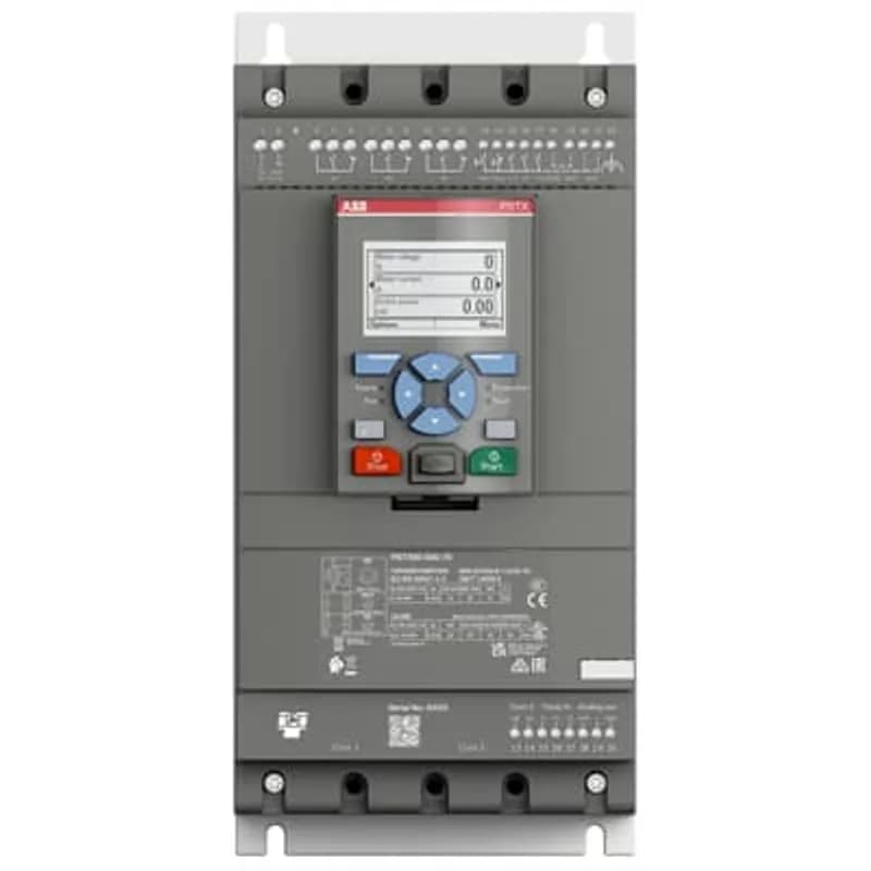 The softstarter PSTX60-600-70 has a rated maximum operational current of 60 A with an operating voltage span from 208...600 V AC. The rated control voltage is between 100...250 V AC at 50/60 Hz. PSTX features a three-phase control soft start and stop through a voltage or a torque ramp. It has built-in bypass for easy installation and energy saving. A RUN, TOR and Event signal is available from relay outputs in NO (normally open state). The PSTX has functions such as current limit, kickstart, analog output, EOL, motor heating and pump cleaning. PSTX also features features jog, braking, stand-still brake, diagnostics, sequence start and emergency/fire pump mode as standard.To interact with PSTX, it has a detachable full graphic display with IP66 and 4x outdoor rating. There are four ways to communicate with PSTX. It can be done by hardwire inputs Start/Stop/Reset of fault, and by three programmable digital inputs. Another popular option is the built-in Fieldbus communication Modbus RTU and incl optional ANYBUS modules with every major protocol such as for example Profinet, Profibus, Modbus TCP, Ethernet IP and others. Another way to communicate with PSTX is to use an external adaptor and a Fieldbus plug. PSTX is the complete alternative for any motor starting application. It’s suitable for medium to large-sized three-phase motors with nominal currents from 30...1250 A inline connection or 52...2160 A inside delta connection. Typical applications are, for example, pumps, fans, compressors, and conveyors.