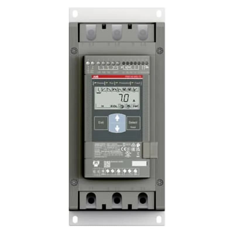 The softstarter PSE142-600-70 has a rated maximum operational current of 142 A with an operating voltage span from 208...600 V AC. The rated control voltage is between 100...250 V AC at 50/60 Hz. PSE features a two-phase control with a soft start and stop through a voltage or a torque ramp. It has built-in bypass for easy installation and energy saving. A RUN, TOR, and Event signal is available from a relay output in NO (normally open state). The PSE has functions such as current limit, kickstart, analog output, EOL, underload, and locked rotor protection. To interact with PSE, it has an Illuminated display that uses symbols to become language neutral. As an option, you can add an identical external keypad with a rating of IP66. There are three ways to communicate with PSE. It can be done by hardwire inputs Start/Stop or by Reset of fault. Another popular option is the built-in fieldbus communication Modbus RTU. You can also use an external adaptor and a Fieldbus plug. PSE is a true general pur­pose softstarter. It’s a perfect balance be­tween high starting capacity and cost effi­ciency. Very suitable for small to medium-sized three-phase motors with nominal currents from 18...370 A. Typical applications are, for example, pumps, fans, compressors, and conveyors.