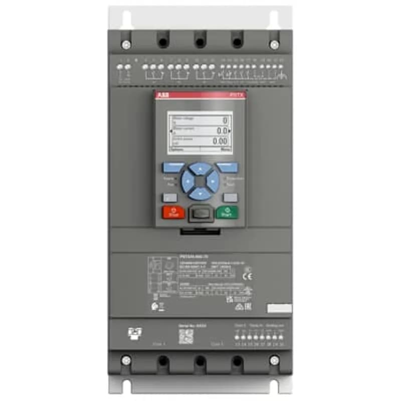 The softstarter PSTX45-600-70 has a rated maximum operational current of 45 A with an operating voltage span from 208...600 V AC. The rated control voltage is between 100...250 V AC at 50/60 Hz. PSTX features a three-phase control soft start and stop through a voltage or a torque ramp. It has built-in bypass for easy installation and energy saving. A RUN, TOR and Event signal is available from relay outputs in NO (normally open state). The PSTX has functions such as current limit, kickstart, analog output, EOL, motor heating and pump cleaning. PSTX also features features jog, braking, stand-still brake, diagnostics, sequence start and emergency/fire pump mode as standard.To interact with PSTX, it has a detachable full graphic display with IP66 and 4x outdoor rating. There are four ways to communicate with PSTX. It can be done by hardwire inputs Start/Stop/Reset of fault, and by three programmable digital inputs. Another popular option is the built-in Fieldbus communication Modbus RTU and incl optional ANYBUS modules with every major protocol such as for example Profinet, Profibus, Modbus TCP, Ethernet IP and others. Another way to communicate with PSTX is to use an external adaptor and a Fieldbus plug. PSTX is the complete alternative for any motor starting application. It’s suitable for medium to large-sized three-phase motors with nominal currents from 30...1250 A inline connection or 52...2160 A inside delta connection. Typical applications are, for example, pumps, fans, compressors, and conveyors.