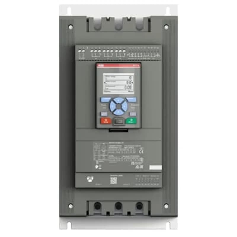 The softstarter PSTX170-600-70 has a rated maximum operational current of 170 A with an operating voltage span from 208...600 V AC. The rated control voltage is between 100...250 V AC at 50/60 Hz. PSTX features a three-phase control soft start and stop through a voltage or a torque ramp. It has built-in bypass for easy installation and energy saving. A RUN, TOR and Event signal is available from relay outputs in NO (normally open state). The PSTX has functions such as current limit, kickstart, analog output, EOL, motor heating and pump cleaning. PSTX also features features jog, braking, stand-still brake, diagnostics, sequence start and emergency/fire pump mode as standard.To interact with PSTX, it has a detachable full graphic display with IP66 and 4x outdoor rating. There are four ways to communicate with PSTX. It can be done by hardwire inputs Start/Stop/Reset of fault, and by three programmable digital inputs. Another popular option is the built-in Fieldbus communication Modbus RTU and incl optional ANYBUS modules with every major protocol such as for example Profinet, Profibus, Modbus TCP, Ethernet IP and others. Another way to communicate with PSTX is to use an external adaptor and a Fieldbus plug. PSTX is the complete alternative for any motor starting application. It’s suitable for medium to large-sized three-phase motors with nominal currents from 30...1250 A inline connection or 52...2160 A inside delta connection. Typical applications are, for example, pumps, fans, compressors, and conveyors.