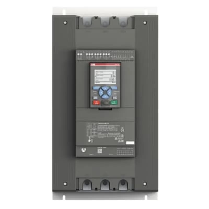 The softstarter PSTX370-690-70 has a rated maximum operational current of 370 A with an operating voltage span from 208...690 V AC. The rated control voltage is between 100...250 V AC at 50/60 Hz. PSTX features a three-phase control soft start and stop through a voltage or a torque ramp. It has built-in bypass for easy installation and energy saving. A RUN, TOR and Event signal is available from relay outputs in NO (normally open state). The PSTX has functions such as current limit, kickstart, analog output, EOL, motor heating and pump cleaning. PSTX also features features jog, braking, stand-still brake, diagnostics, sequence start and emergency/fire pump mode as standard.To interact with PSTX, it has a detachable full graphic display with IP66 and 4x outdoor rating. There are four ways to communicate with PSTX. It can be done by hardwire inputs Start/Stop/Reset of fault, and by three programmable digital inputs. Another popular option is the built-in Fieldbus communication Modbus RTU and incl optional ANYBUS modules with every major protocol such as for example Profinet, Profibus, Modbus TCP, Ethernet IP and others. Another way to communicate with PSTX is to use an external adaptor and a Fieldbus plug. PSTX is the complete alternative for any motor starting application. It’s suitable for medium to large-sized three-phase motors with nominal currents from 30...1250 A inline connection or 52...2160 A inside delta connection. Typical applications are, for example, pumps, fans, compressors, and conveyors.