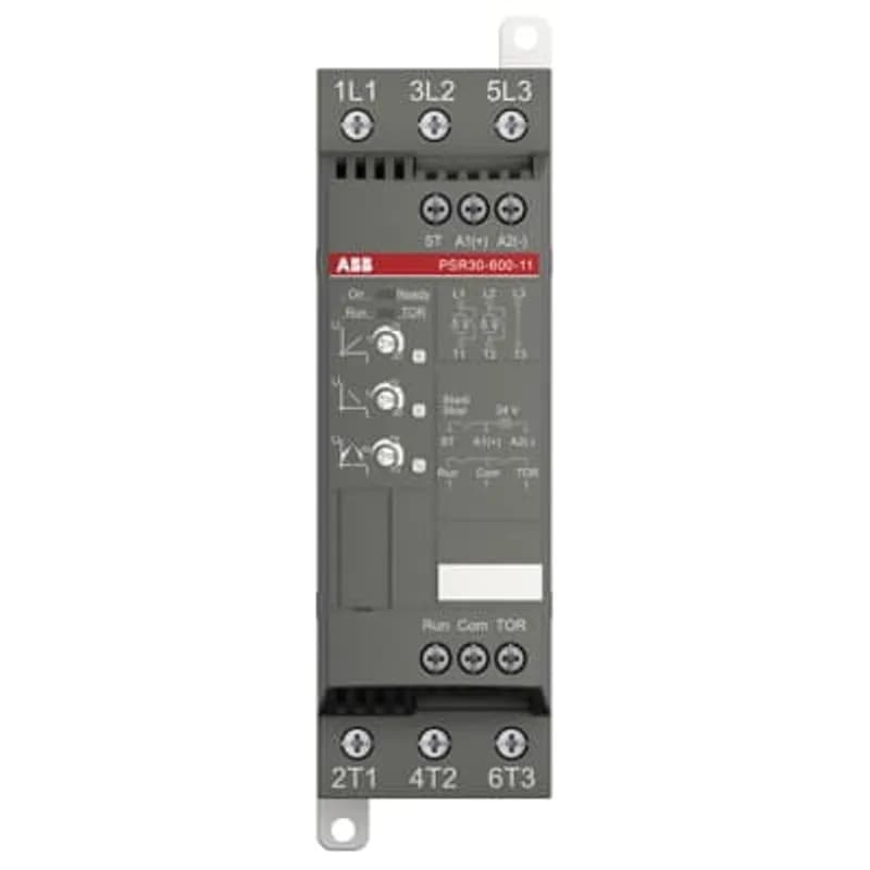 The softstarter PSR30-600-11 has a rated maximum operational current of 30 A with an operating voltage span from 208...600 V AC. The rated control voltage is 24 V AC/DC. PSR features a two-phase control soft start and stop through a voltage ramp. It has built-in bypass for easy installation and energy saving. A RUN and a TOR signal is available from a relay output in NO (normally open state). The start/stop ramp and time is easy to set by three potentiometers on the front. PSR is often used in combination with a manual motor starter (MMS) from ABB, so mechanical connection kits are available. Another popular option is Fieldbus communication, which can be enabled by an external adaptor and a Fieldbus plug. The PSR range is our most compact softstarters with basic functionality and values. They are suitable for small three-phase motors with nominal currents from 3...105 A and can manage up to 100 starts per hour. Common applications are, for example, pumps, fans, compressors, and conveyors.