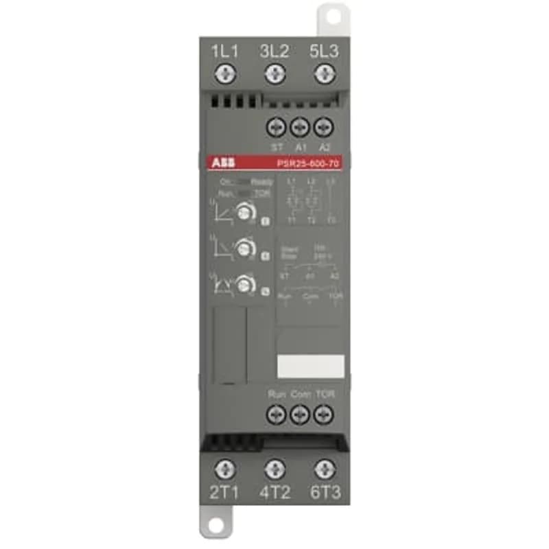 The softstarter PSR25-600-70 has a rated maximum operational current of 25 A with an operating voltage span from 208...600 V AC. The rated control voltage is between 100...240 V AC at 50/60 Hz. PSR features a two-phase control soft start and stop through a voltage ramp. It has built-in bypass for easy installation and energy saving. A RUN and a TOR signal is available from a relay output in NO (normally open state). The start/stop ramp and time is easy to set by three potentiometers on the front. PSR is often used in combination with a manual motor starter (MMS) from ABB, so mechanical connection kits are available. Another popular option is Fieldbus communication, which can be enabled by an external adaptor and a Fieldbus plug. The PSR range is our most compact softstarters with basic functionality and values. They are suitable for small three-phase motors with nominal currents from 3...105 A and can manage up to 100 starts per hour. Common applications are, for example, pumps, fans, compressors, and conveyors