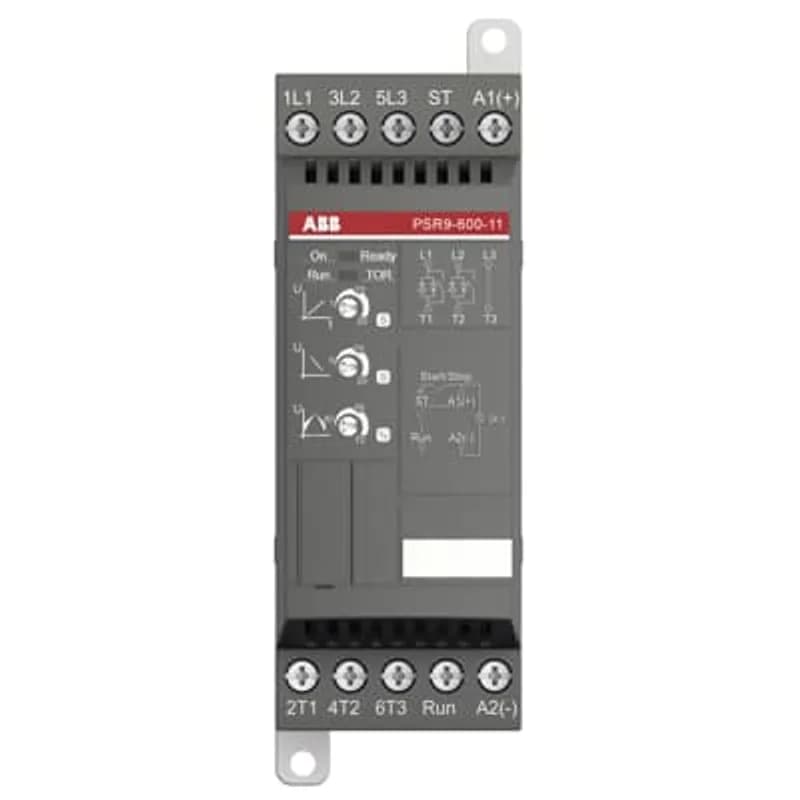The softstarter PSR9-600-11 has a rated maximum operational current of 9 A with an operating voltage span from 208...600 V AC. The rated control voltage is 24 V AC/DC. PSR features a two-phase control soft start and stop through a voltage ramp. It has built-in bypass for easy installation and energy saving. A RUN signal is available from a relay output in NO (normally open state). The start/stop ramp and time is easy to set by three potentiometers on the front. PSR is often used in combination with a manual motor starter (MMS) from ABB, so mechanical connection kits are available. Another popular option is Fieldbus communication, which can be enabled by an external adaptor and a Fieldbus plug. The PSR range is our most compact softstarters with basic functionality and values. They are suitable for small three-phase motors with nominal currents from 3...105 A and can manage up to 100 starts per hour. Common applications are, for example, pumps, fans, compressors, and conveyors.