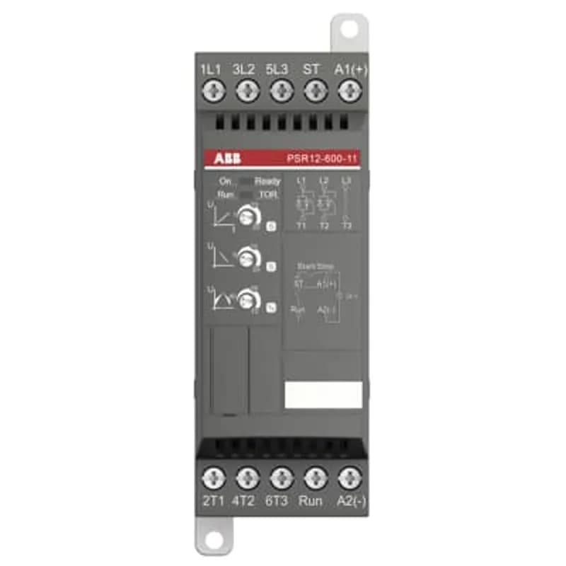 The softstarter PSR12-600-11 has a rated maximum operational current of 12 A with an operating voltage span from 208...600 V AC. The rated control voltage is 24 V AC/DC. PSR features a two-phase control soft start and stop through a voltage ramp. It has built-in bypass for easy installation and energy saving. A RUN signal is available from a relay output in NO (normally open state). The start/stop ramp and time is easy to set by three potentiometers on the front. PSR is often used in combination with a manual motor starter (MMS) from ABB, so mechanical connection kits are available. Another popular option is Fieldbus communication, which can be enabled by an external adaptor and a Fieldbus plug. The PSR range is our most compact softstarters with basic functionality and values. They are suitable for small three-phase motors with nominal currents from 3...105 A and can manage up to 100 starts per hour. Common applications are, for example, pumps, fans, compressors, and conveyors.