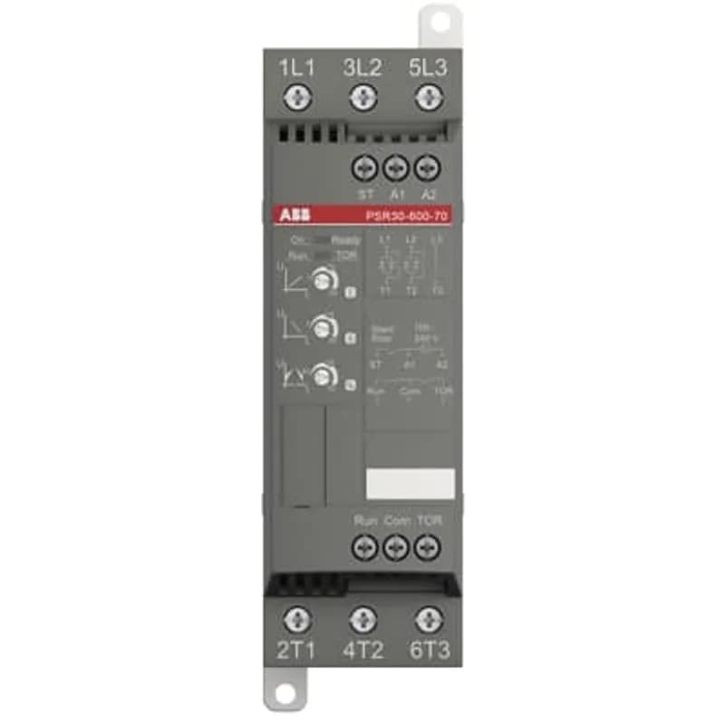 The softstarter PSR30-600-70 has a rated maximum operational current of 30 A with an operating voltage span from 208...600 V AC. The rated control voltage is between 100...240 V AC at 50/60 Hz. PSR features a two-phase control soft start and stop through a voltage ramp. It has built-in bypass for easy installation and energy saving. A RUN and a TOR signal is available from a relay output in NO (normally open state). The start/stop ramp and time is easy to set by three potentiometers on the front. PSR is often used in combination with a manual motor starter (MMS) from ABB, so mechanical connection kits are available. Another popular option is Fieldbus communication, which can be enabled by an external adaptor and a Fieldbus plug. The PSR range is our most compact softstarters with basic functionality and values. They are suitable for small three-phase motors with nominal currents from 3...105 A and can manage up to 100 starts per hour. Common applications are, for example, pumps, fans, compressors, and conveyors.
