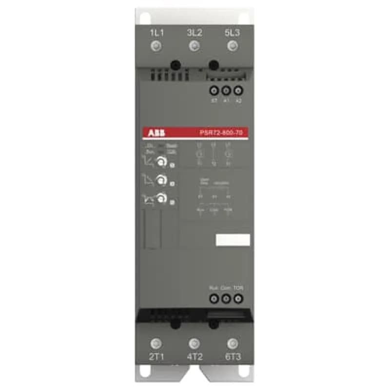 The softstarter PSR72-600-70 has a rated maximum operational current of 72 A with an operating voltage span from 208...600 V AC. The rated control voltage is between 100...240 V AC at 50/60 Hz. PSR features a two-phase control soft start and stop through a voltage ramp. It has built-in bypass for easy installation and energy saving. A RUN and a TOR signal is available from a relay output in NO (normally open state). The start/stop ramp and time is easy to set by three potentiometers on the front. PSR is often used in combination with a manual motor starter (MMS) from ABB, so mechanical connection kits are available. Another popular option is Fieldbus communication, which can be enabled by an external adaptor and a Fieldbus plug. The PSR range is our most compact softstarters with basic functionality and values. They are suitable for small three-phase motors with nominal currents from 3...105 A and can manage up to 100 starts per hour. Common applications are, for example, pumps, fans, compressors, and conveyors.