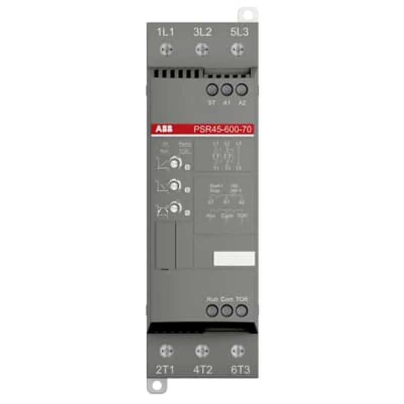 The softstarter PSR45-600-70 has a rated maximum operational current of 45 A with an operating voltage span from 208...600 V AC. The rated control voltage is between 100...240 V AC at 50/60 Hz. PSR features a two-phase control soft start and stop through a voltage ramp. It has built-in bypass for easy installation and energy saving. A RUN and a TOR signal is available from a relay output in NO (normally open state). The start/stop ramp and time is easy to set by three potentiometers on the front. PSR is often used in combination with a manual motor starter (MMS) from ABB, so mechanical connection kits are available. Another popular option is Fieldbus communication, which can be enabled by an external adaptor and a Fieldbus plug. The PSR range is our most compact softstarters with basic functionality and values. They are suitable for small three-phase motors with nominal currents from 3...105 A and can manage up to 100 starts per hour. Common applications are, for example, pumps, fans, compressors, and conveyors.
