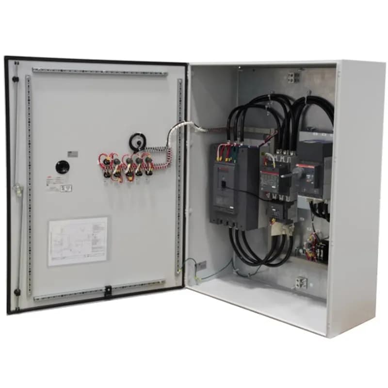 PSTX extreme duty enclosed softstarters are the ultimate softstarting solution. Includes all features of the PSTX normal duty, sized for heavy duty applications, plus an AC-3 emergency bypass. Both the PSTX softstarter and TMAX XT breakers are utilized. Door mounted pilot devices include PSTX keypad, hand-off-auto selector switch, start and stop pushbuttons, power on pilot light, run pilot light, fault pilot light, normal/emergency bypass selector switch, emergency bypass start and stop pushbuttons and emergency bypass pilot light. Good for Normal Duty class 10 starts for 300HP/361A, heavy duty class 30 starts for 250HP/302A, SSCR rating of 65kA, 480V and type 4 enclosure.