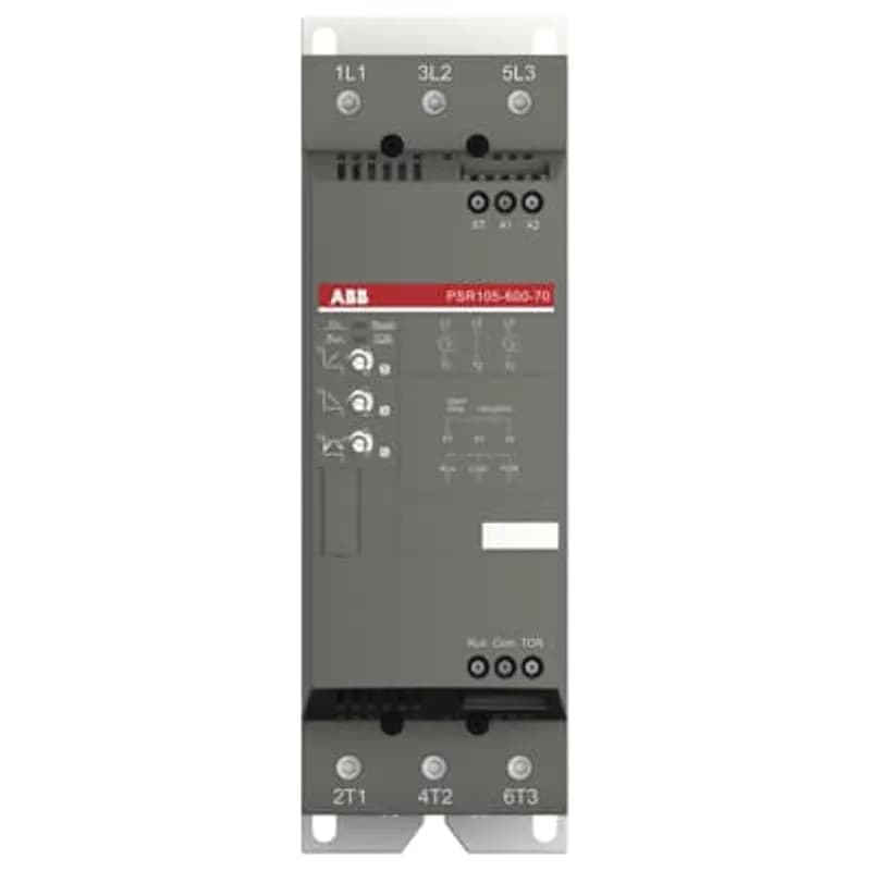 The softstarter PSR105-600-70 has a rated maximum operational current of 105 A with an operating voltage span from 208...600 V AC. The rated control voltage is between 100...240 V AC at 50/60 Hz. PSR features a two-phase control soft start and stop through a voltage ramp. It has built-in bypass for easy installation and energy saving. A RUN and a TOR signal is available from a relay output in NO (normally open state). The start/stop ramp and time is easy to set by three potentiometers on the front. PSR is often used in combination with a manual motor starter (MMS) from ABB, so mechanical connection kits are available. Another popular option is Fieldbus communication, which can be enabled by an external adaptor and a Fieldbus plug. The PSR range is our most compact softstarters with basic functionality and values. They are suitable for small three-phase motors with nominal currents from 3...105 A and can manage up to 100 starts per hour. Common applications are, for example, pumps, fans, compressors, and conveyors.