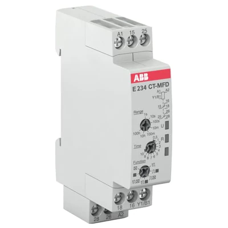 The CT-MFD.21 is a multifunction electronic time relay from the CT-D timer range. It provides 7 timing functions with 7 time ranges from 0.05 s to 100 h. This time relay operates with a rated control supply voltage of 12 - 240 V AC / DC and has a 2 c/o (SPDT) output with contacts rated at 250 V / 4 A. A control input works with voltage-related (non-floating) triggering.