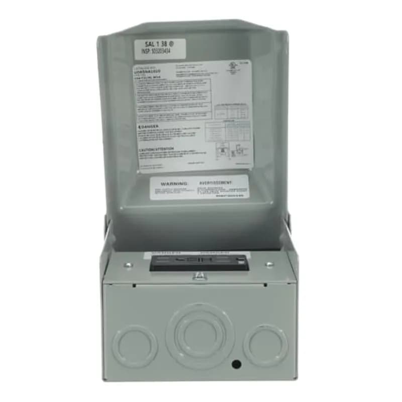 Metallic, A/C Disconnect with 15A GFCI Receptacle. Non-automatic switch can be placed in the OFF position for user safety during equipment maintenance.