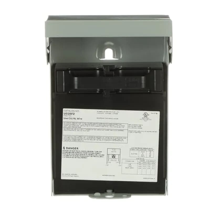 ABB - Electrification U035F2 - Metallic, 30A Fusible disconnects. Pullers are removable or reinstallable in the OFF position for user safety during equipment maintenance. Listed for use as service entrance.