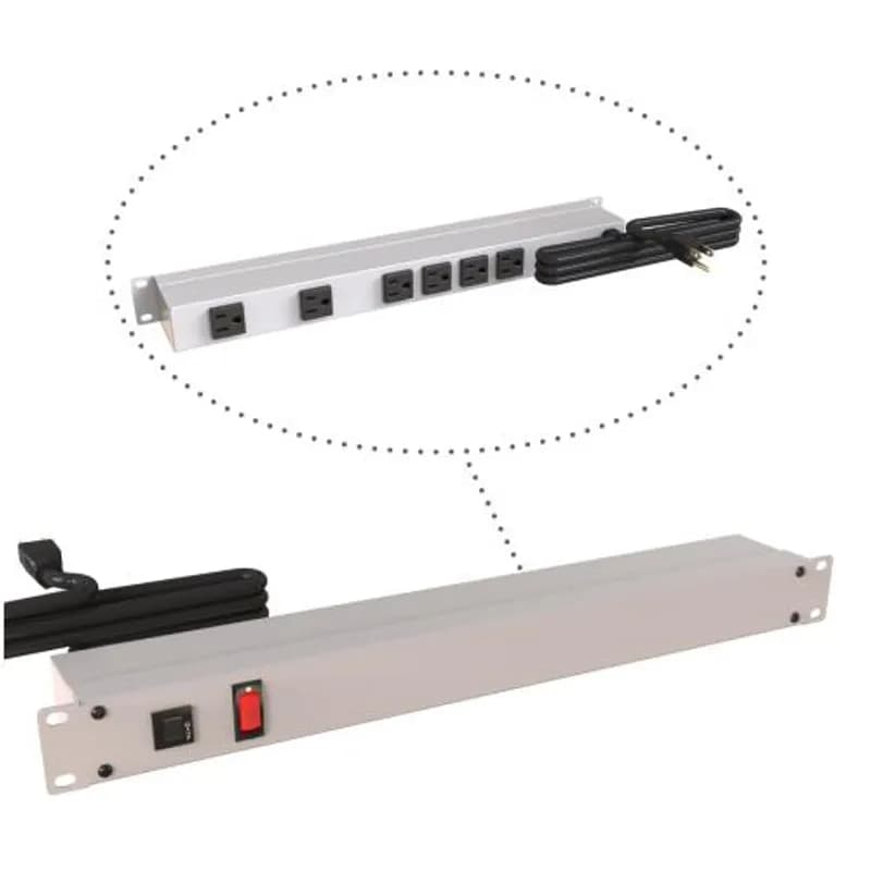 19-inch Rack Mount Outlet Strip, 15A, 6 Outlets, 15 ft cord, Gray