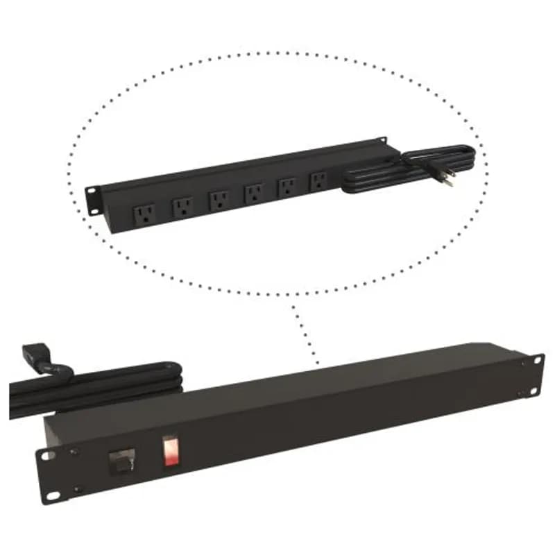 19-inch Rack Mount Outlet Strip, 15A, 6 Outlets, 6 ft cord, Black