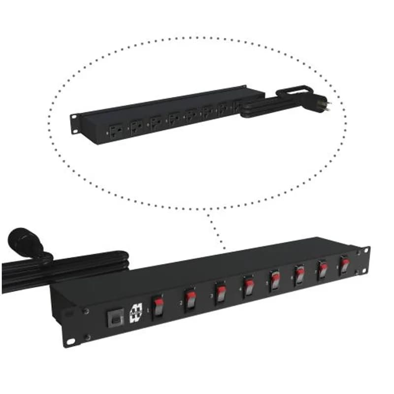 19-inch Rack Mount Outlet Strip, 20A, 8 Switches & 8 Outlets, 6 ft cord, Black