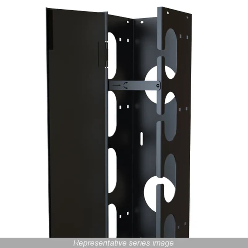 40U Rack Basics Vertical cable manager with hinged door and swing-away stabilizer.