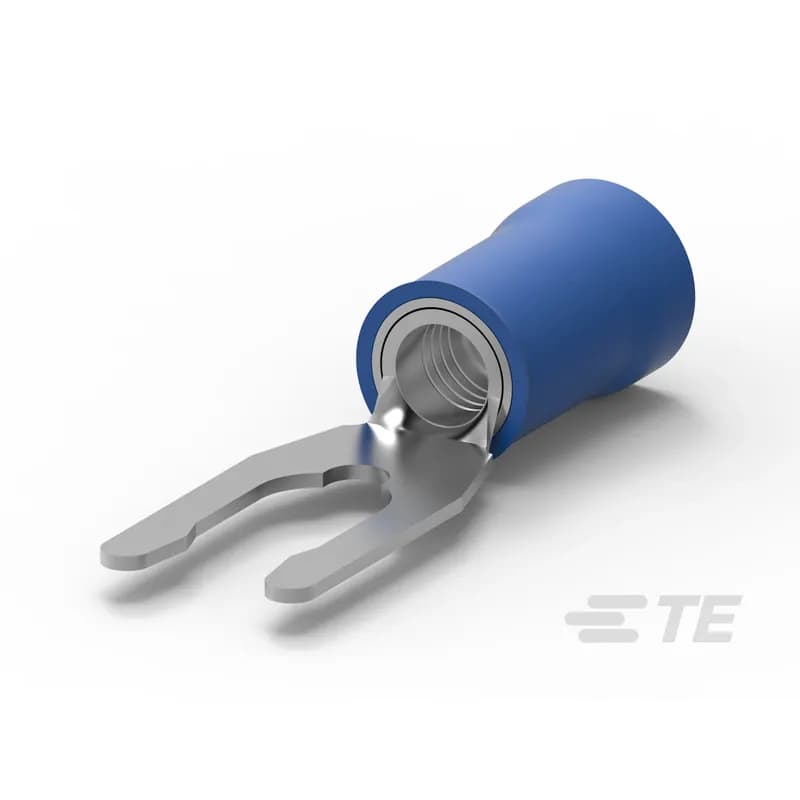 Spring Spade Terminal, 16 – 14 AWG, #8 / M4 Stud Size, 4.17 mm [.164 in] Stud Diameter, Closed Barrel, Straight, Tin, Partially Insulated