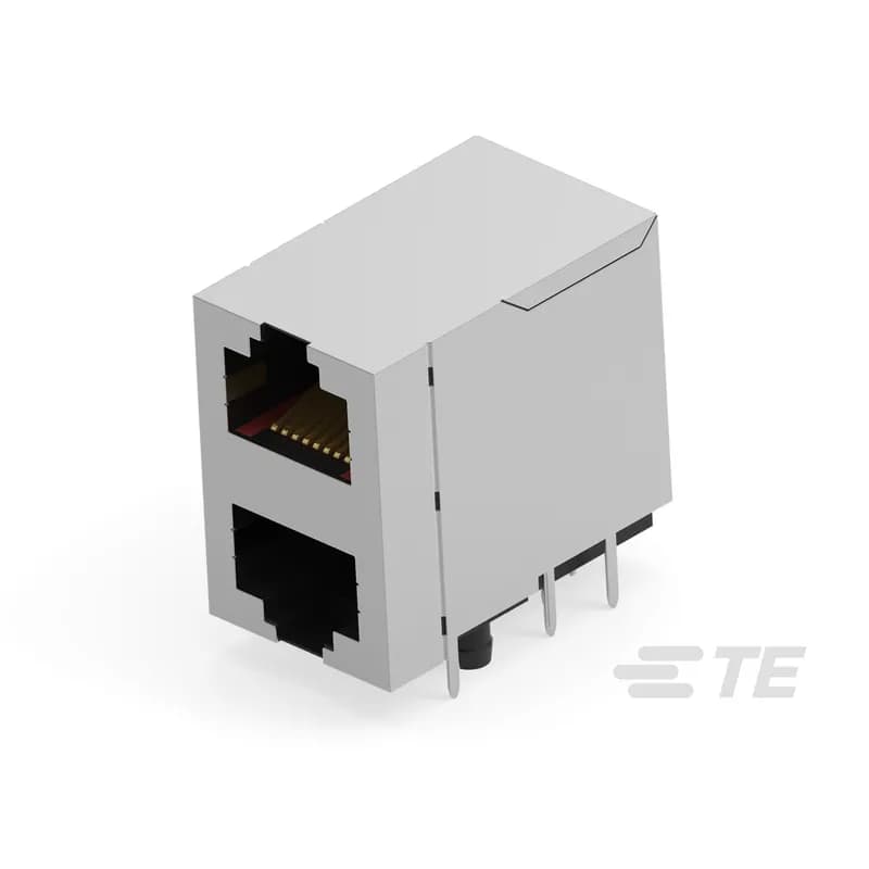 TE Connectivity 133051-E - RJ45 Connector, Multiple Ports, 2 x 1, Jack, Shielded, Cat 5, Standard - Latch Down, 8 Position, Standard Profile, Through Hole - Solder, Right Angle