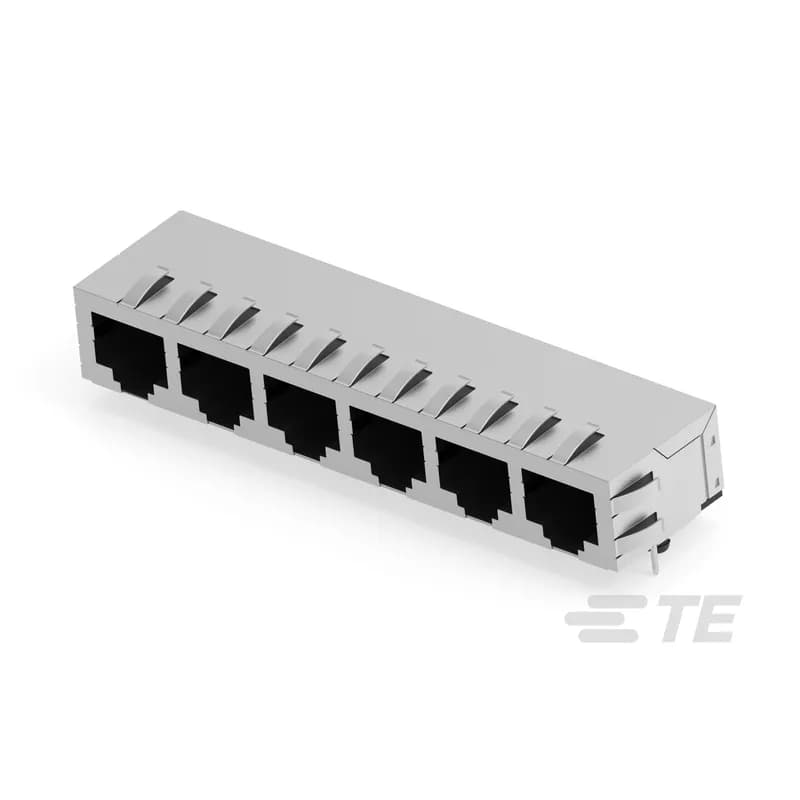 RJ45 Connector, Multiple Ports, 1 x 6, Jack, Shielded, Cat 5, Standard - Latch Down, 8 Position, Standard Profile, Through Hole - Solder, Right Angle