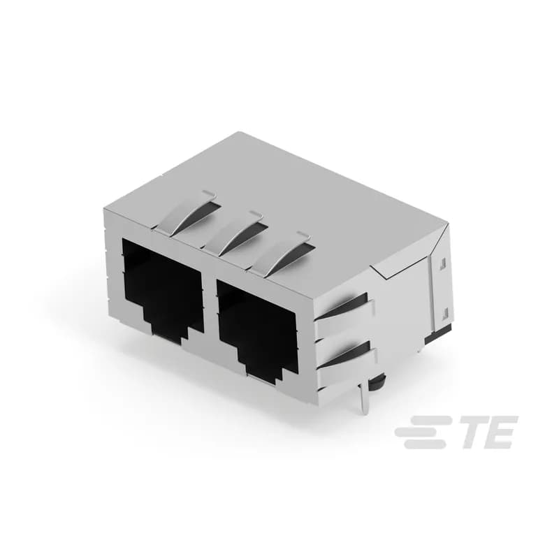 RJ45 Connector, Multiple Ports, 1 x 2, Jack, Shielded, Cat 5, Standard - Latch Down, 8 Position, Standard Profile, Through Hole - Solder, Right Angle