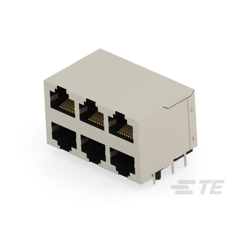 TE Connectivity 133673-E - RJ45 Connector, Multiple Ports, 2 x 3, Jack, Shielded, Cat 5e, Standard - Latch Down, 8 Position, Standard Profile, Through Hole - Solder, Right Angle