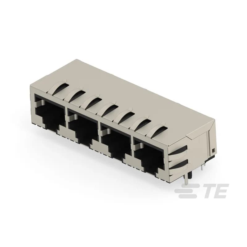 TE Connectivity 203185-E - RJ45 Connector, Multiple Ports, 1 x 4, Jack, Shielded, Standard - Latch Down, 32 Position, Standard Profile, Through Hole - Solder, Right Angle