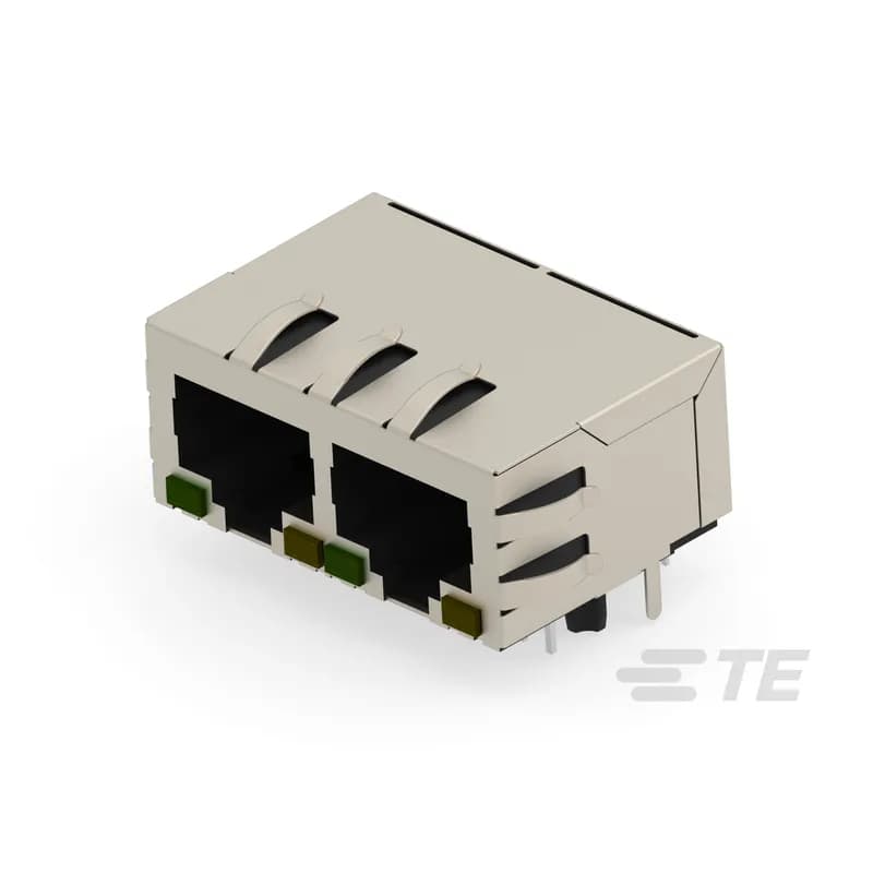TE Connectivity 203544-E - RJ45 Connector, Multiple Ports, 1 x 2, Jack, Shielded, Standard - Latch Down, 16 Position, Standard Profile, Through Hole - Solder, Right Angle