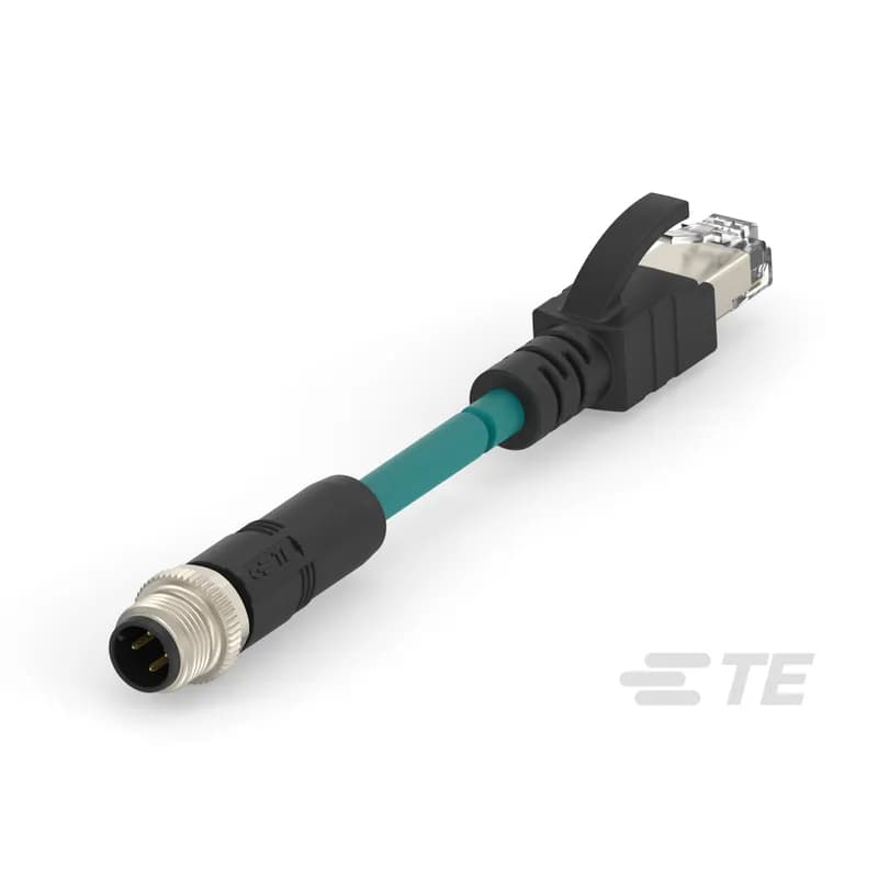 TE Connectivity TCD2473A201-003 - M12 to RJ45 Cable Assembly, 4 Position, 1.5 m, Industrial Ethernet, Ethernet, D Code, M12 Plug End A, RJ45 Plug End B, Double Ended, PA66+25GF
