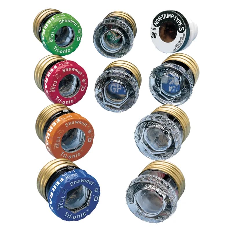 Mersen GTL20 - Mersen plug fuses are intended for industrial and residential applications. Non time-delay fuses are available for receptacle and lighting circuits and time-delay fuses for motor loads. For Canadian requirements, a type P fuse is used for non-motor loads and Type D, for electrical heating and cyclical load circuits. Both fuses have low melting-point temperature elements. Type S plug fuses are time-delay and tamper resistant. 125 Volts 15 Amps GP series. 125 Volts 20 Amps GTL series.